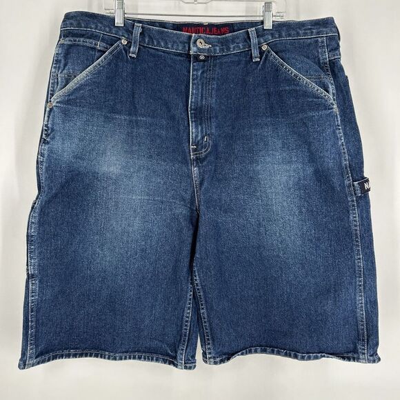 VTG Nautica Jean Shorts Sz 42 Dark‎ Wash Denim Carpenter Loose Baggy Long Y2K - Picture 1 of 10